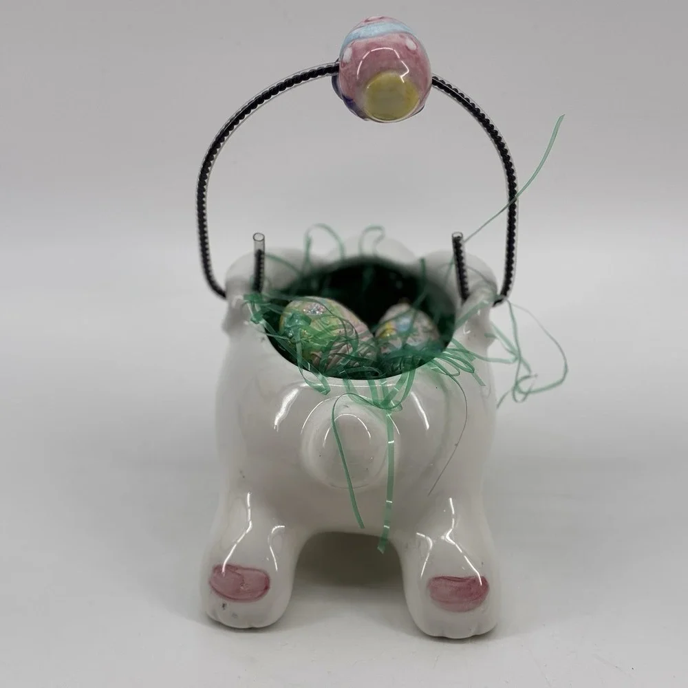 Ceramic‎ Easter Bunny Basket w/ Egg  Handle And Eggs Hand Painted And Glazed